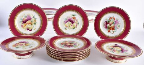 A SET OF TEN 19TH CENTURY ENGLISH PORCELAIN DESSERT PLATES painted with fruit, together with four