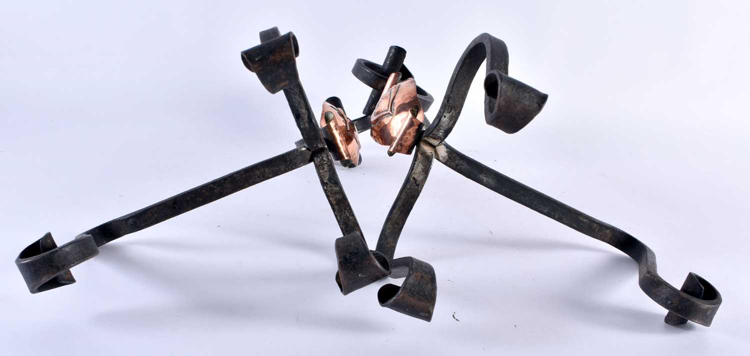 A PAIR OF ARTS AND CRAFTS COPPER AND WROUGHT IRON ANDIRONS decorated with a motif. 35 cm x 14 cm. - Image 5 of 5