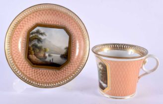 AN EARLY 19TH CENTURY CHAMBERLAINS WORCESTER PORCELAIN CUP AND SAUCER painted with a view of