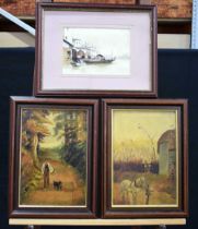 A pair of framed oil on boards depicting rural scenes signed indistinctly together with a framed
