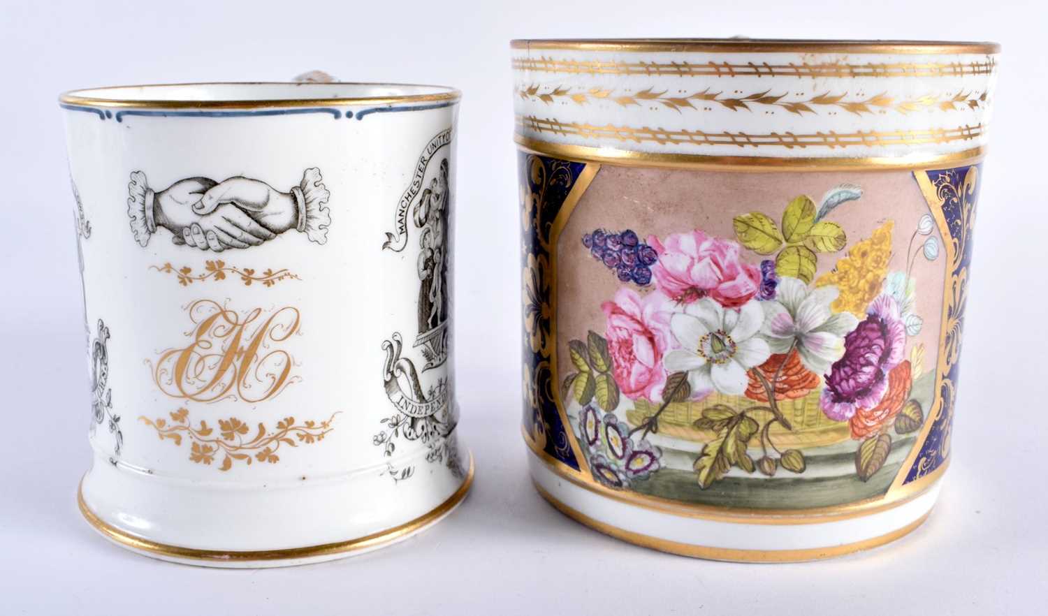 Early 19th century Derby porter mug lavishly painted with flowers on a marble table and a mug made - Image 2 of 5