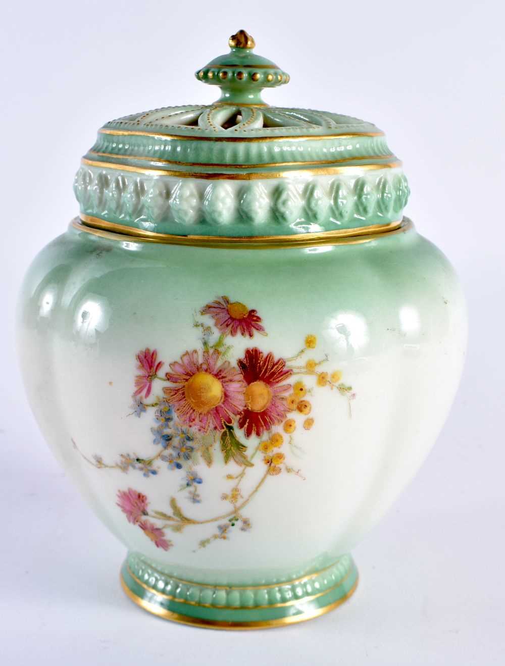 Royal Worcester pot pourri and cover painted with flowers on a green ground, date mark 1902, shape - Image 2 of 4