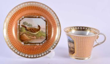 AN EARLY 19TH CENTURY CHAMBERLAINS WORCESTER CUP AND SAUCER painted with a Willon Wren & another