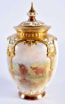 Royal Worcester vase and cover painted with Highland Cattle by Harry Stinton, signed, date mark