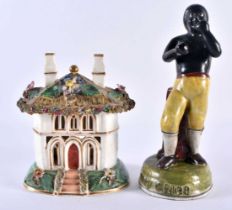 AN EARLY 19TH CENTURY ENGLISH STAFFORDSHIRE PORCELAIN PASTILLE BURNER together with a figure of