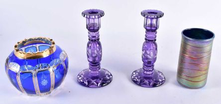 A PAIR OF AMETHYST GLASS CANDLESTICKS together with a Bohemian bowl & an art glass vase. Largest