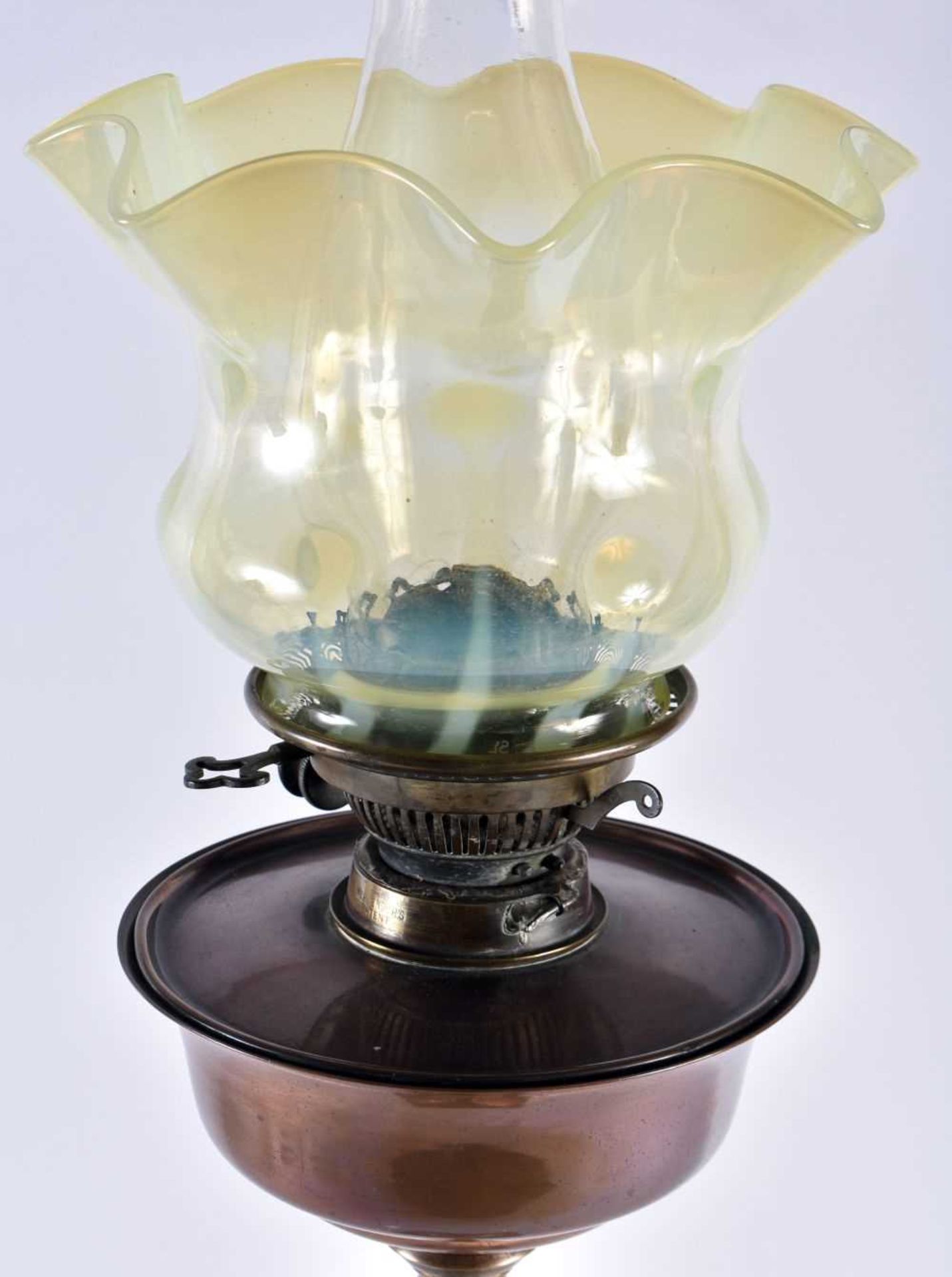 A LARGE ANTQUE J W BENSON COPPER AND BRONZE OIL LAMP with Vaseline shade. 74 cm high. - Image 2 of 4