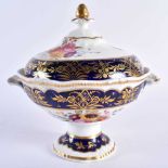 19th century English porcelain sauce tureen and cover painted with flowers and blue and gilt borders