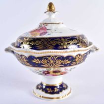 19th century English porcelain sauce tureen and cover painted with flowers and blue and gilt borders