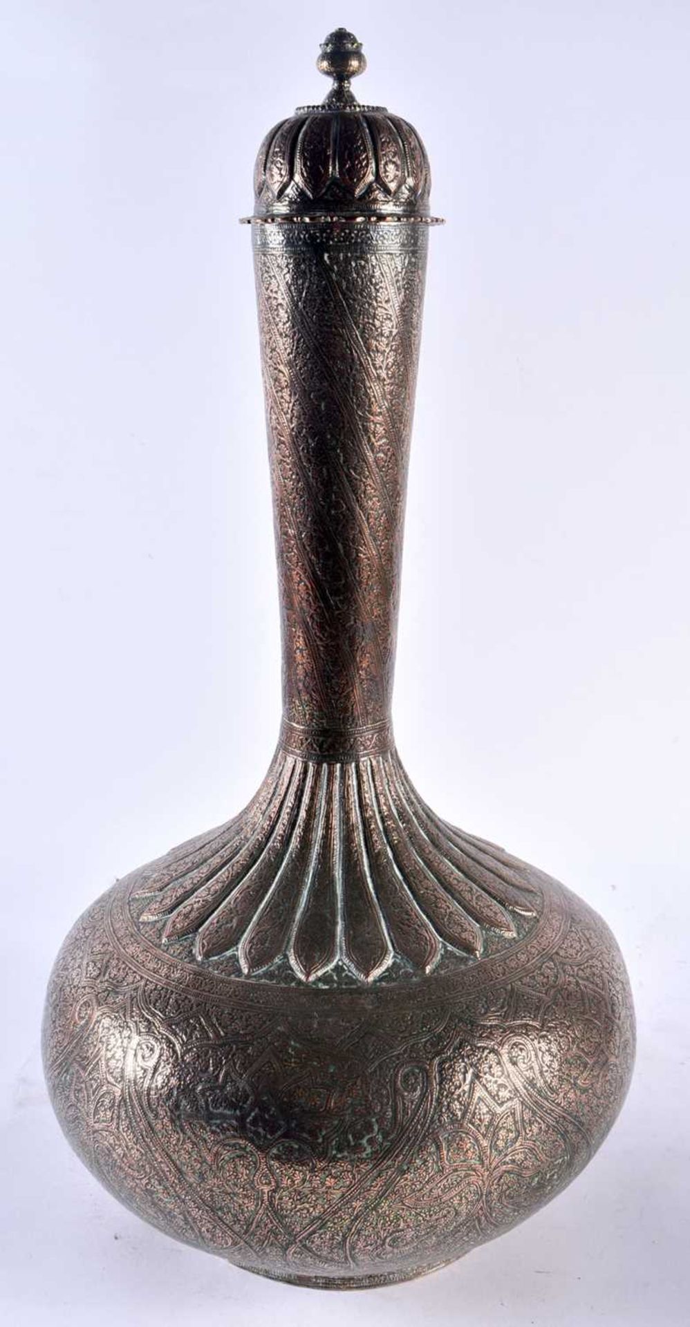 A VERY LARGE 19TH CENTURY MIDDLE EASTERN ISLAMIC BRONZE COPPER ALLOY VASE AND COVER decorated with - Image 4 of 7