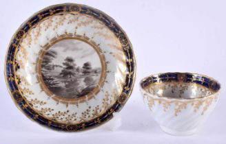 A RARE 18TH CENTURY WORCESTER FLUTED TEABOWL AND SAUCER painted with a view of Hillingdon House