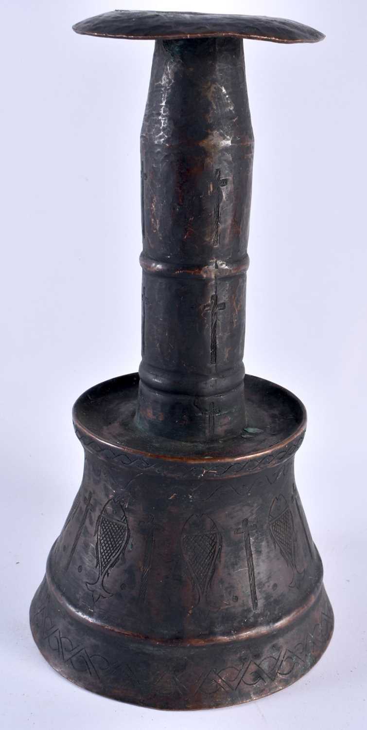 A LARGE AND UNUSUAL 19TH CENTURY COPPER ALLOY CANDLESTICK engraved with fish and crucifix motifs. 33 - Image 4 of 7