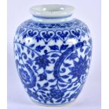 A SMALL CHINESE QING DYNASTY BLUE AND WHITE PORCELAIN JAR bearing Yongzheng marks to base. 8 cm x