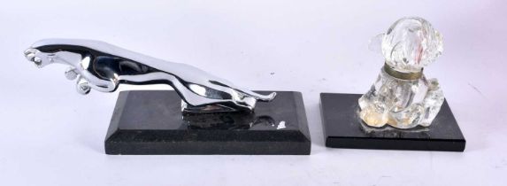 A JAGUAR CHROME CAR MASCOT together with a bonzo dog glass inkwell. Largest 18 cm wide. (2)