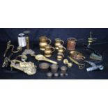 A collection of Brass, copper and other metal items Brass Gill Measures, Sconces, bronze stacking