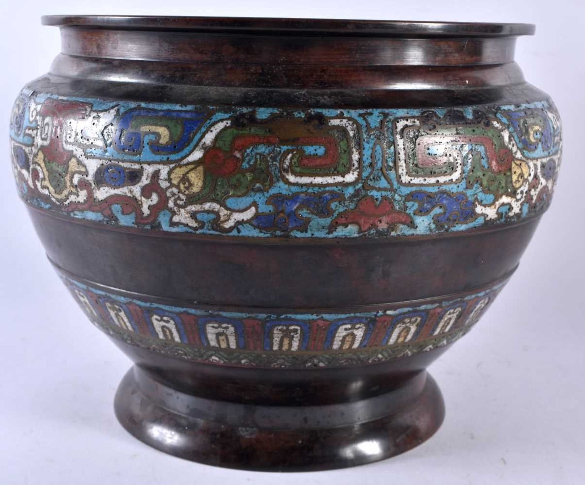 A LARGE 19TH CENTURY JAPANESE MEIJI PERIOD CHAMPLEVE ENAMEL CENSER decorated with archaic motifs. 21 - Image 2 of 5