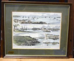A framed 19th Century engraving of ships anchored in Plymouth Hoe 25 x 32 cm.