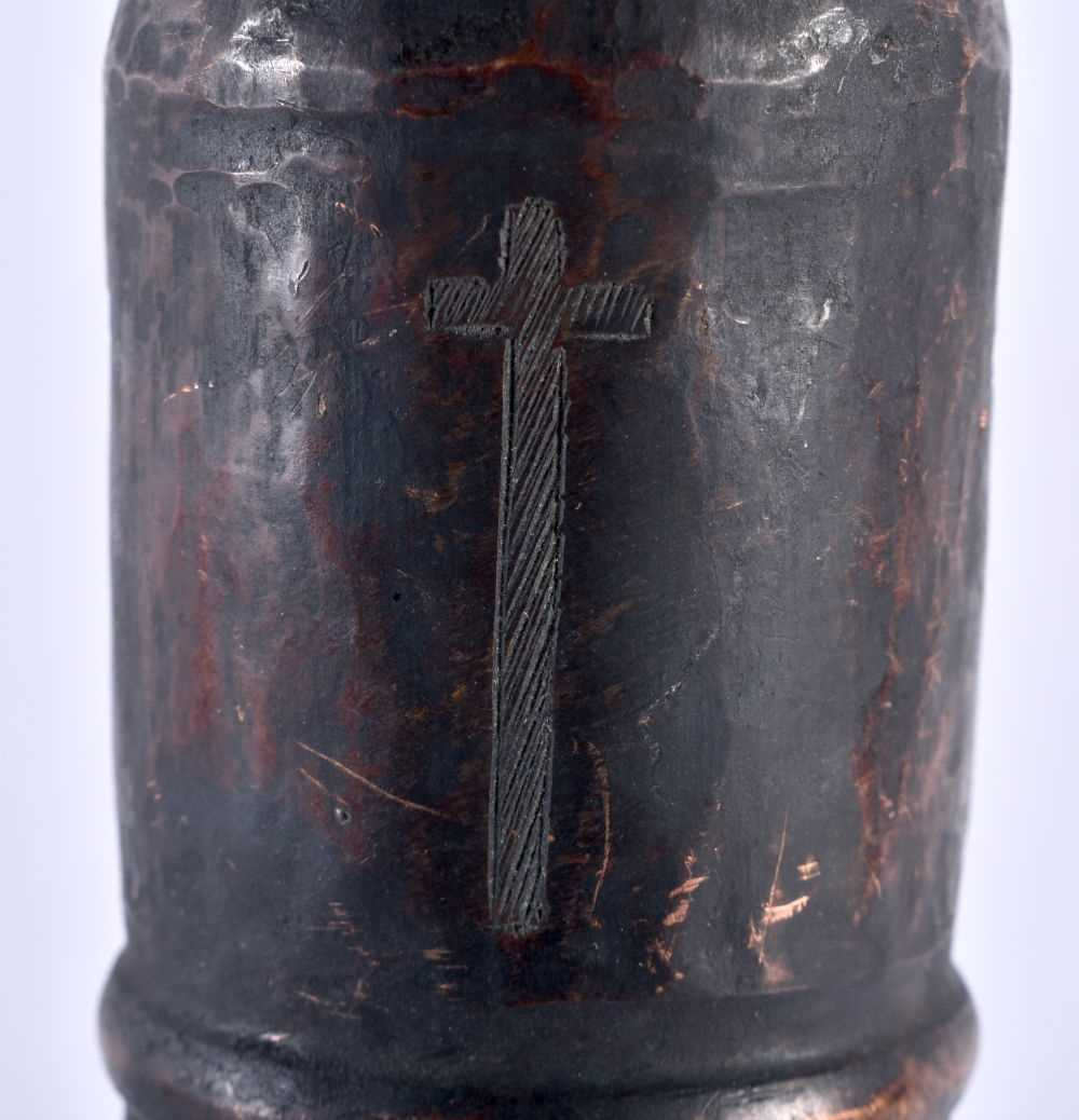 A LARGE AND UNUSUAL 19TH CENTURY COPPER ALLOY CANDLESTICK engraved with fish and crucifix motifs. 33 - Image 2 of 7
