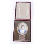 A Portrait Miniature of a Young Lady and a Lock of Hair in a Velvet Lined Fitted Case with Ox