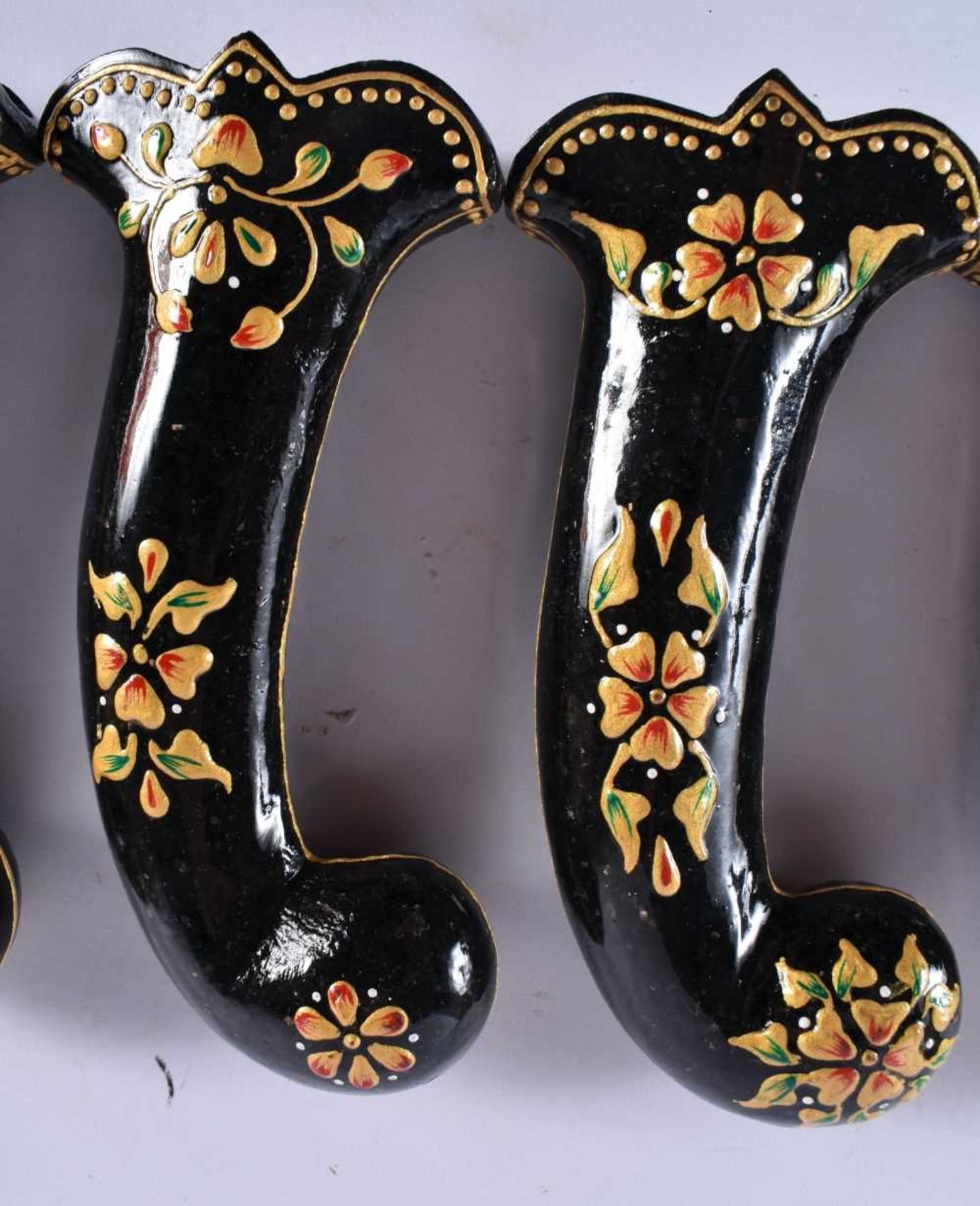 A SET OF FIVE MIDDLE EASTERN QAJAR LACQUER HARDSTONE DAGGER HANDLES overlaid with foliage and vines. - Image 3 of 6