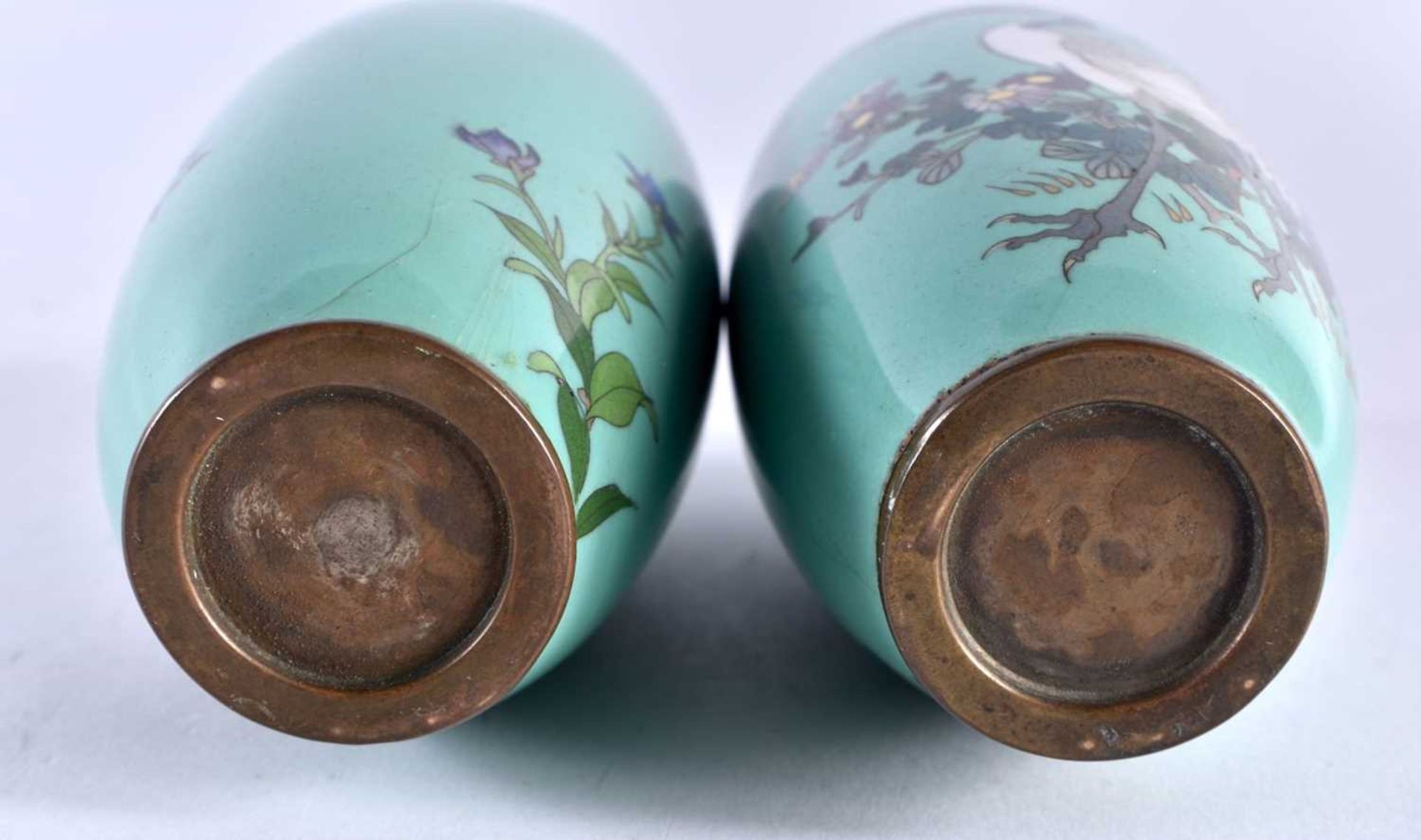 A PAIR OF 19TH CENTURY JAPANESE MEIJI PERIOD CLOISONNE ENAMEL VASES depicting birds in landscapes. - Image 5 of 5