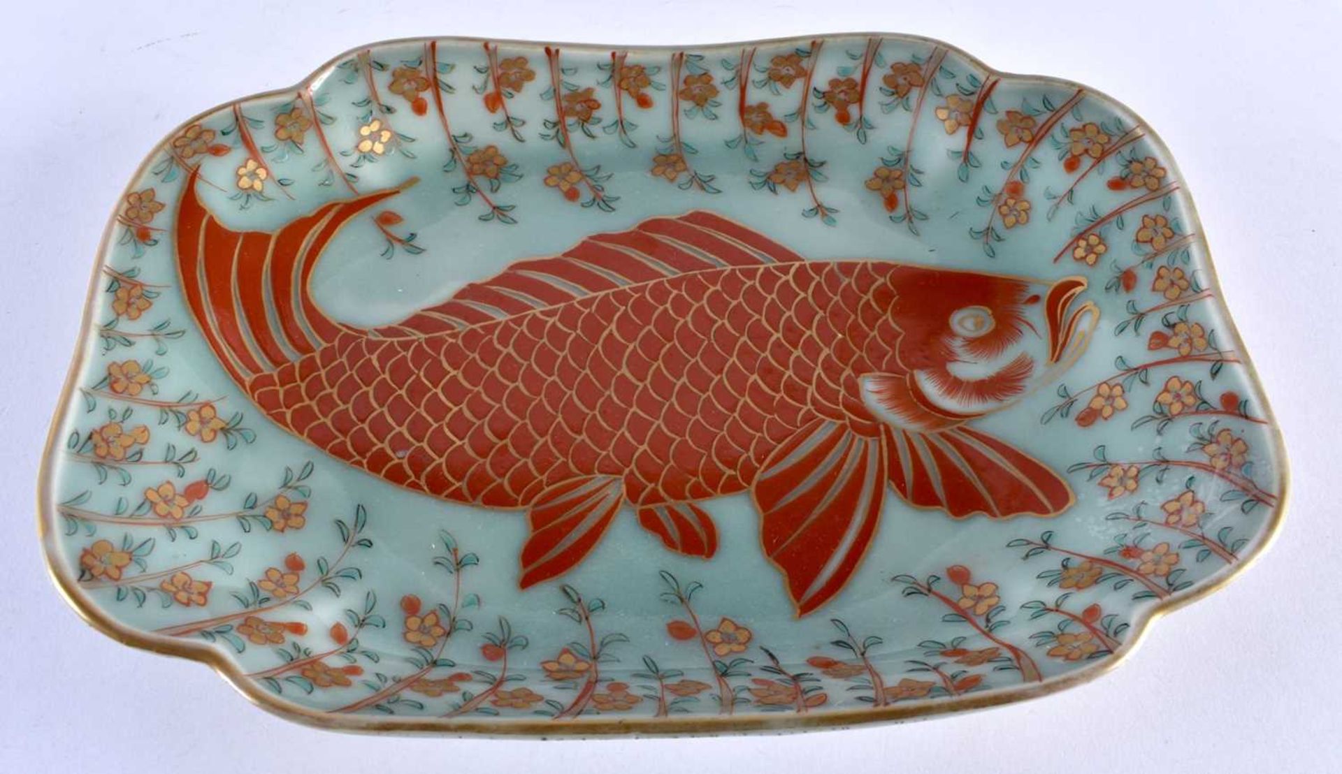 A RARE 19TH CENTURY JAPANESE MEIJI PERIOD CELADON RECTANGULAR FORM DISH painted with a bold imari