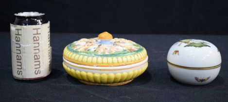 A Hungarian porcelain Herend lidded butterfly pot together with a continental glazed majolica lidded