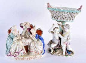 AN ANTIQUE GERMAN MEISSEN PORCELAIN FIGURAL GROUP together with a Sitzendorf figural group.