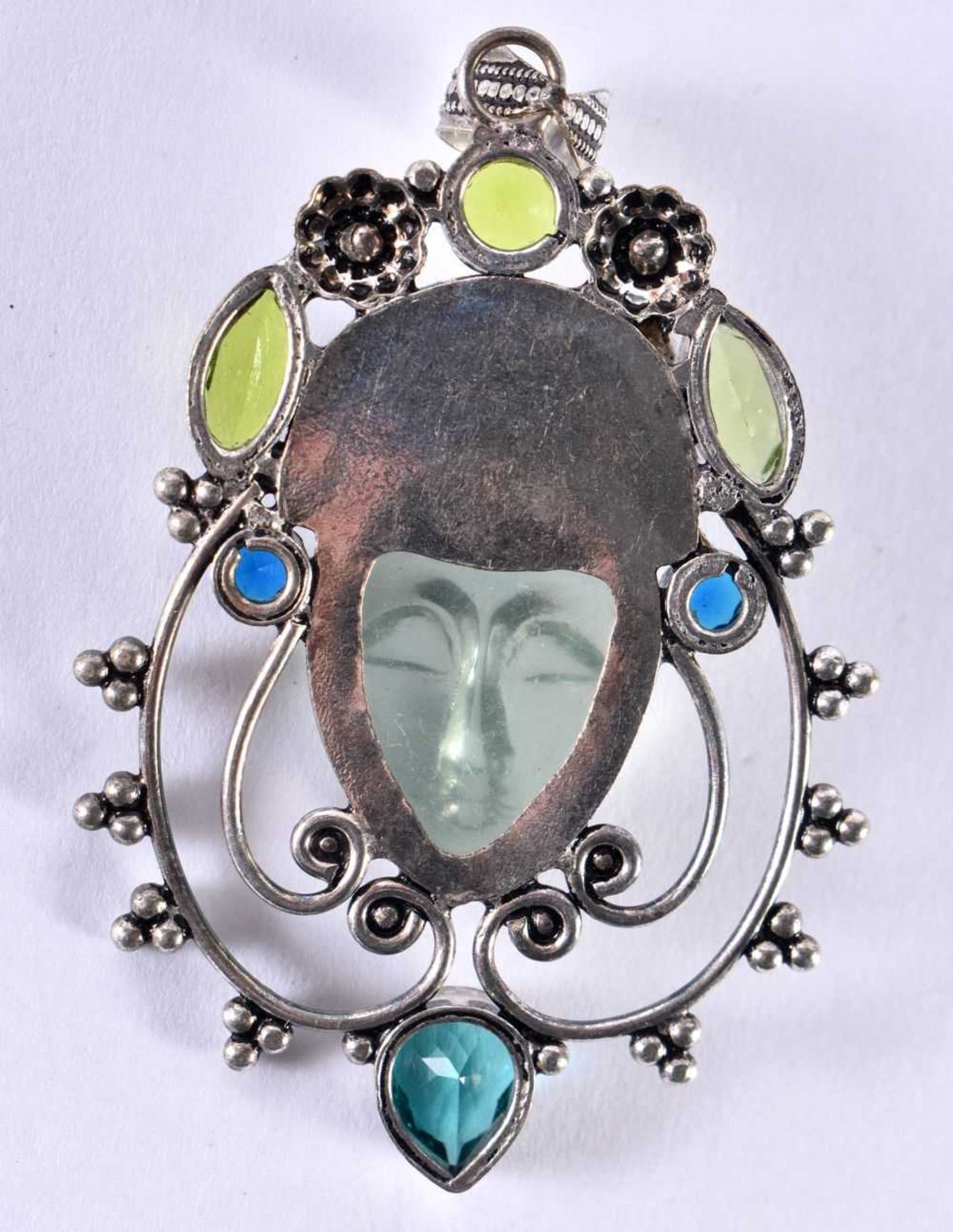 A Silver Gem Set Pendant with a Central carved Hardstone Face. Stamped 925, 7.9cm x 4.8cm, weight - Image 2 of 2