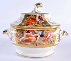 19th century Coalport tureen and cover painted with flowers on a gold panels