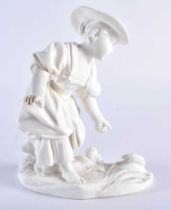 Sevres biscuit figure wearing a hat and sowing seeds, raised on a naturalistic base. Incised F for