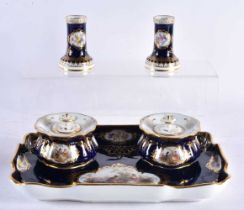 A FINE 19TH CENTURY MEISSEN PORCELAIN DESK STAND comprising of tray, a pair of inkwells, two pen