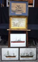 A collection of framed lithographs of 19th Century steamships together with a framed embroidered