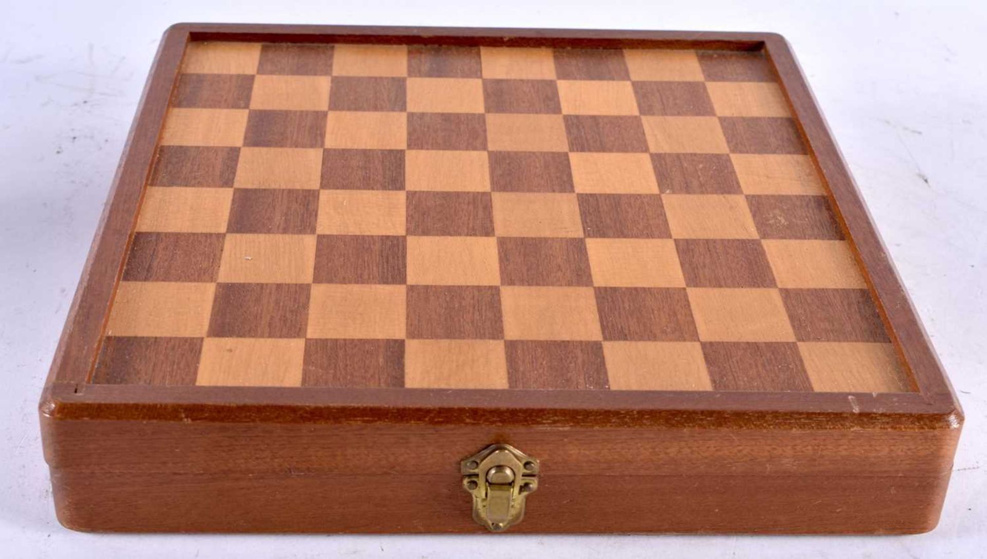 A BOXED CHESS SET. Board 20 cm square closed.