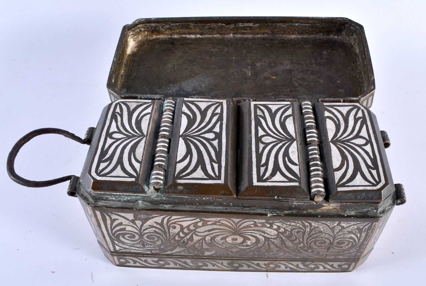 AN UNUSUAL 18TH CENTURY ISLAMIC PERSIAN SILVER INLAID BRONZE BOX decorative all over with foliage - Image 2 of 6