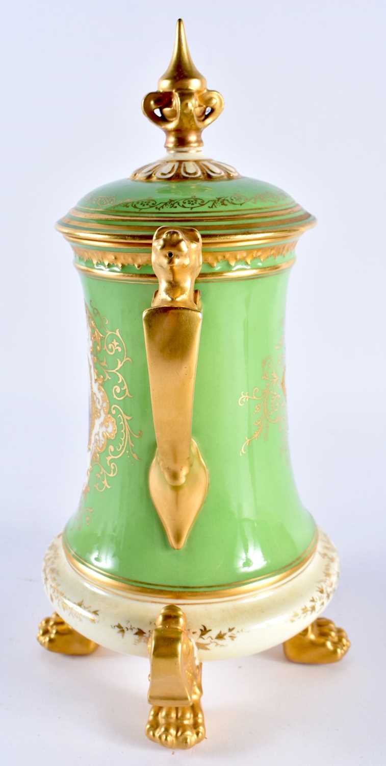 Late 19th early 20th century Coalport green ground vase and cover with lion handles. 25cm high - Image 2 of 6