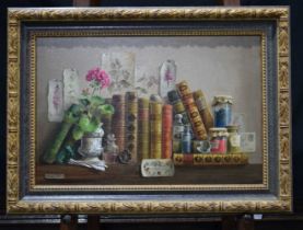 Deborah Jones 1921-2012 framed still life, oil on board "Rare Books" 39 x 60 cm.