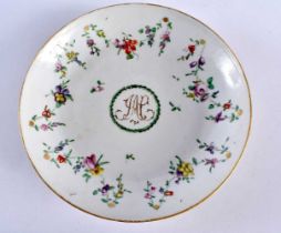 18th century Bristol saucer dish painted with chains of flowers with a central wreath of acanthus