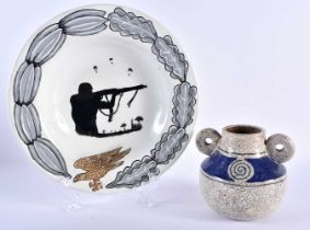 AN UNUSUAL MILITARY IRISH GERMAN PORCELAIN BOWL together with a stylised stoneware ge type Studio