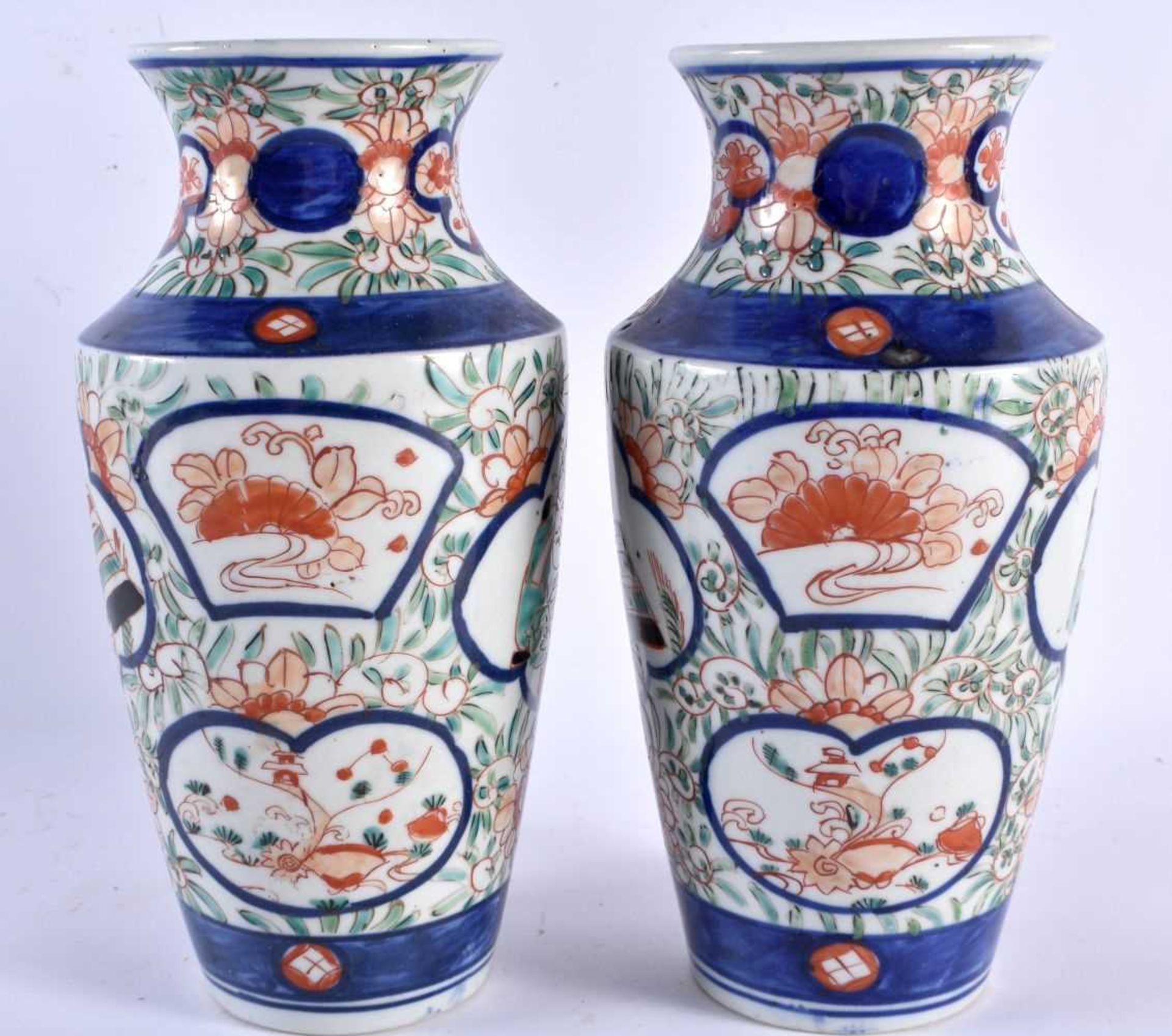 A PAIR OF 19TH CENTURY JAPANESE MEIJI PERIOD IMARI VASE painted with figures and foliage. 21 cm - Image 2 of 5