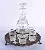 AN EDWARDIAN SILVER PLATED DECANTER HOLDER containing George III cut glass wares. 22 cm x 15cm.