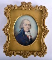 English School (18th/19th Century) Portrait Miniature, Male wearing a dark blue overcoat, gilt