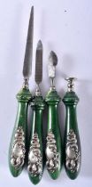 Four Ladies Wood Handled Dressing Table Items with Silver Decoration. XRF Tested for purity. Longest