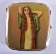 A Silver and Enamel Cigarette Case with a Renaissance Woman on the Lid. Stamped Sterling. 9cm x 8 cm