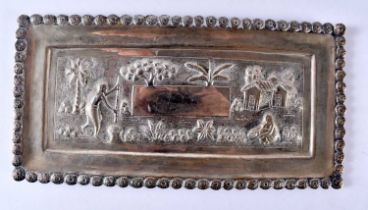 An Asian Silver Tray Embossed with Figures working in a field. XRF Tested 800 Silver. 20.5cm x 10.