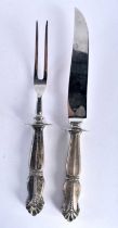 A PAIR OF ART DECO DANISH SILVER HANDLED SERVING KNIFE AND FORK in the manner of Georg Jensen. 208