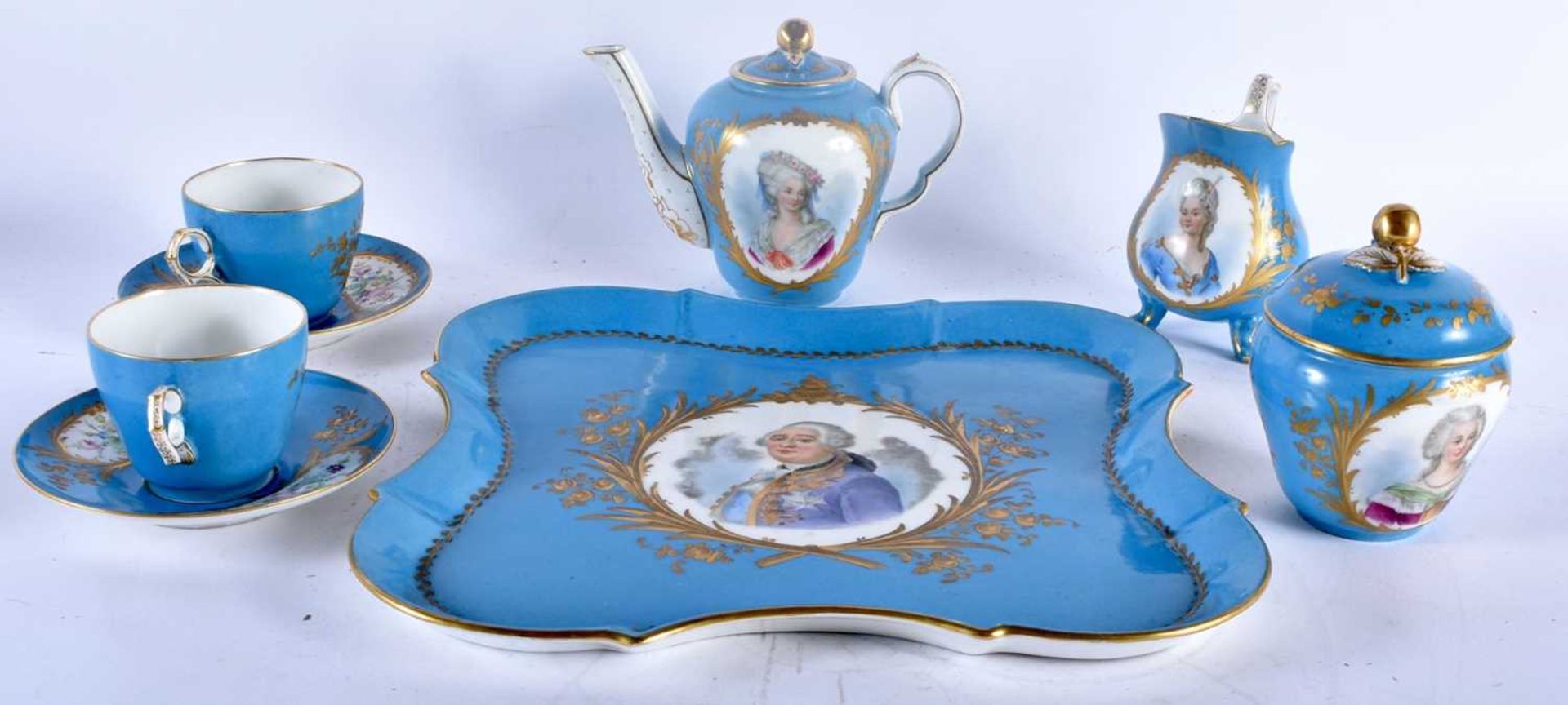 A 19TH CENTURY FRENCH SEVRES PORCELAIN TETE A TETE TEASET painted with portraits of females, on a - Image 2 of 6