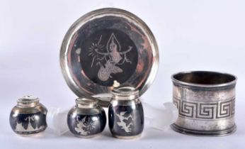 A Silver Niello Style Condiment Set on Tray, Stamped Sterling Siam together with a Napkin Ring. Tray