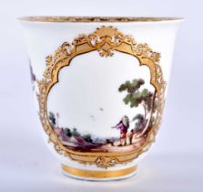 AN 18TH CENTURY MEISSEN PORCELAIN BEAKER painted with typical scenes of figures in landscapes,