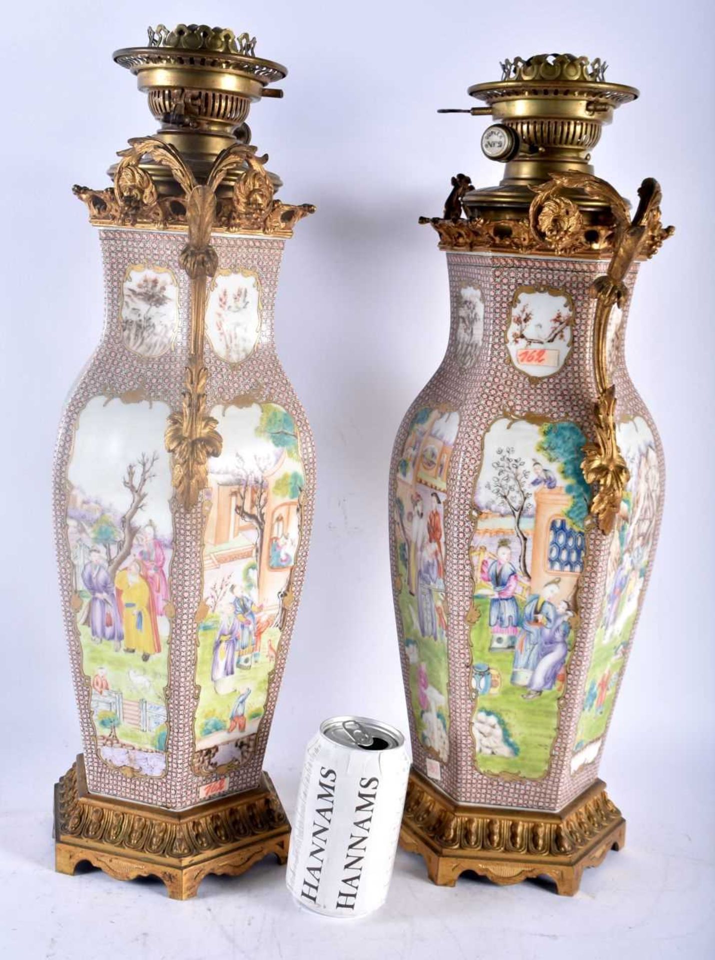 A LARGE PAIR OF 18TH CENTURY CHINESE EXPORT TWIN HANDLED COUNTRY HOUSE PORCELAIN OIL LAMPS Qianlong, - Image 4 of 43